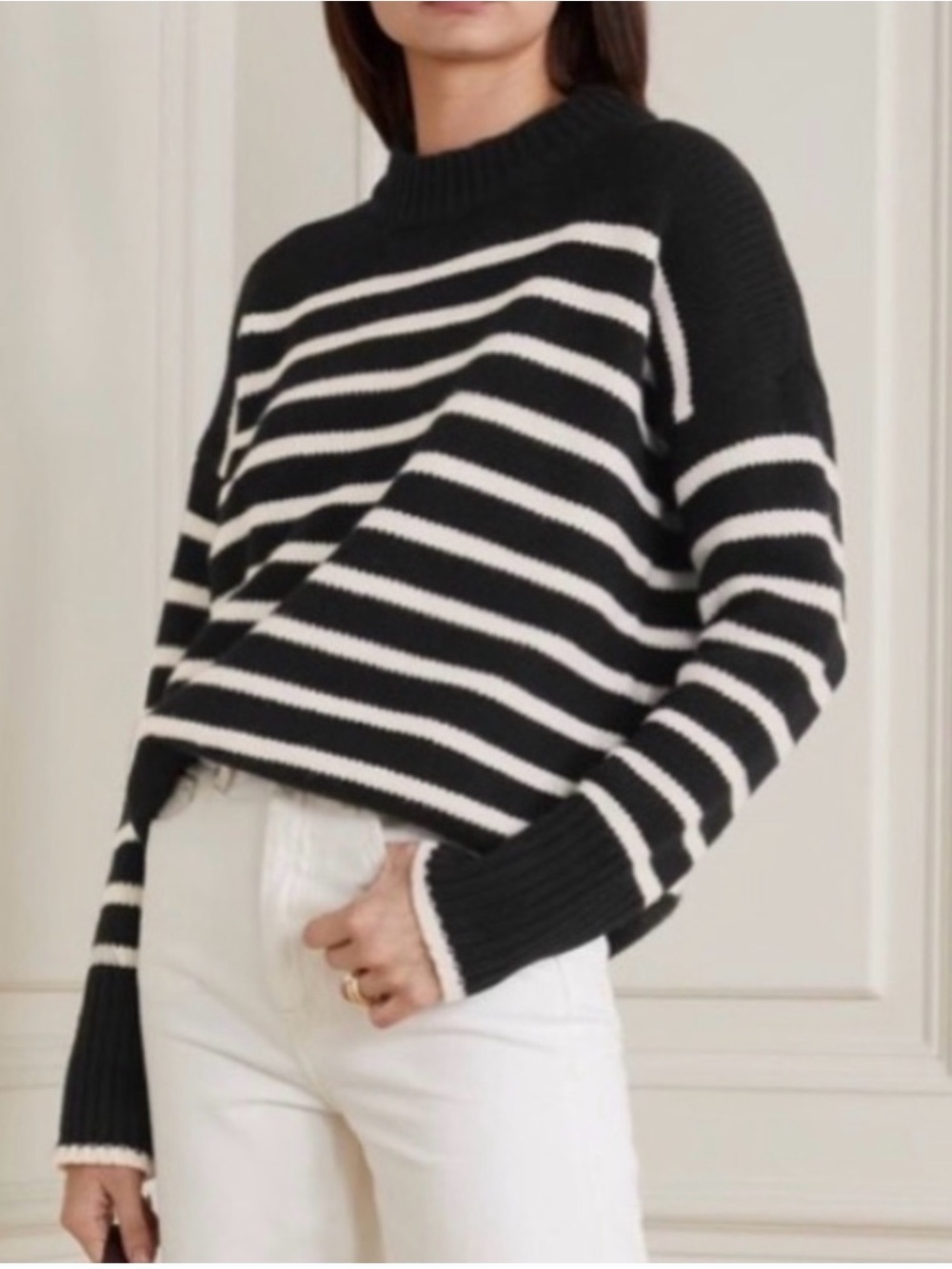 Striped Cream & Black Crewneck Sweater